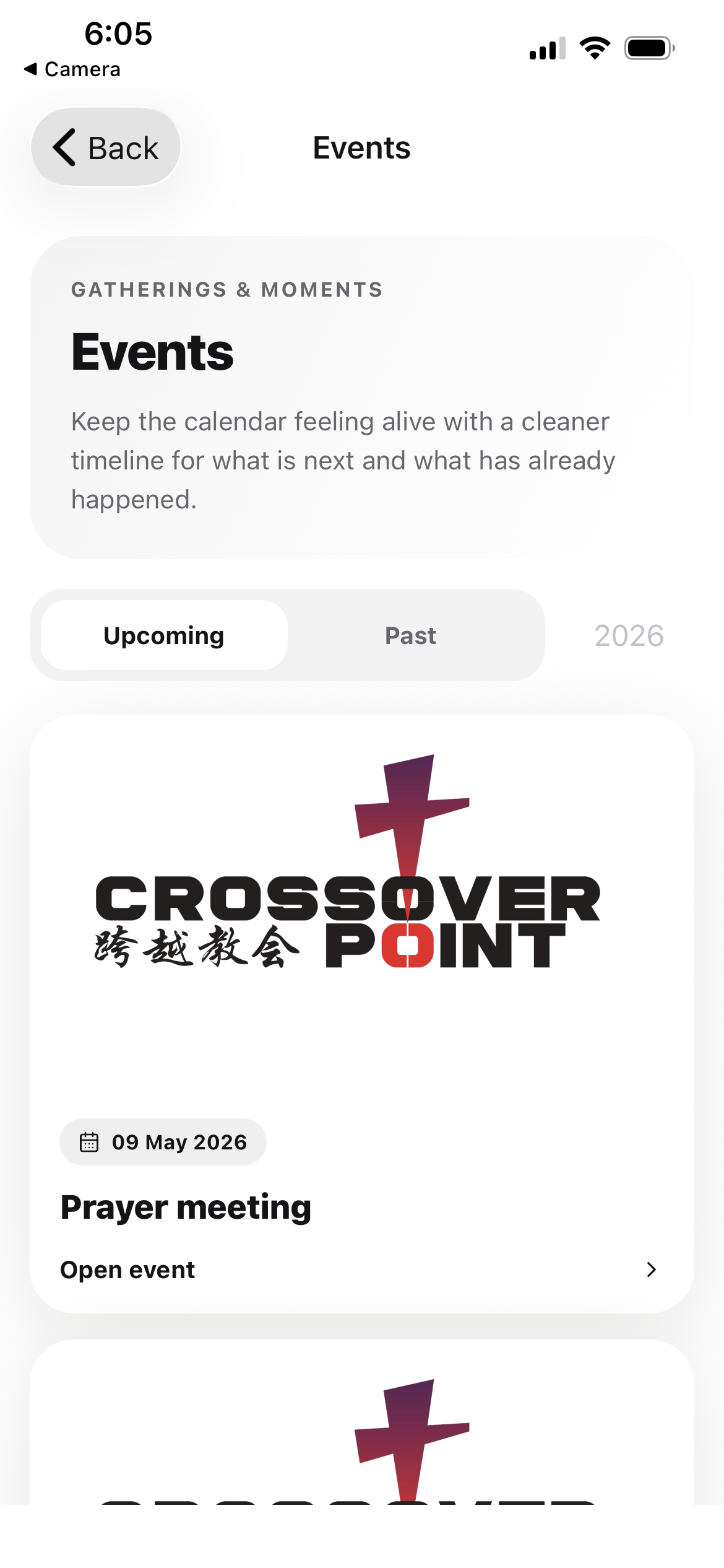 Events timeline with upcoming and past gatherings