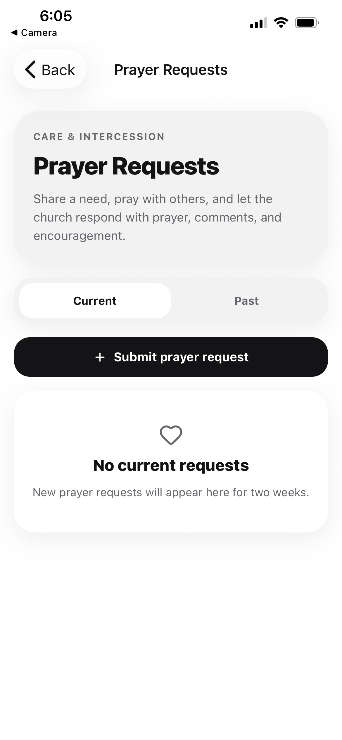 Prayer requests screen for sharing needs with the community