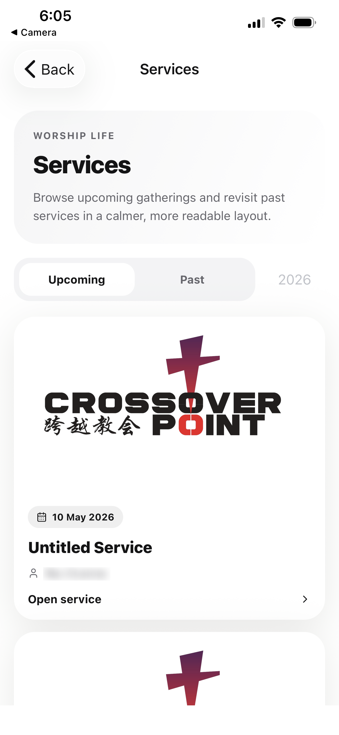 Services list for browsing upcoming and past gatherings