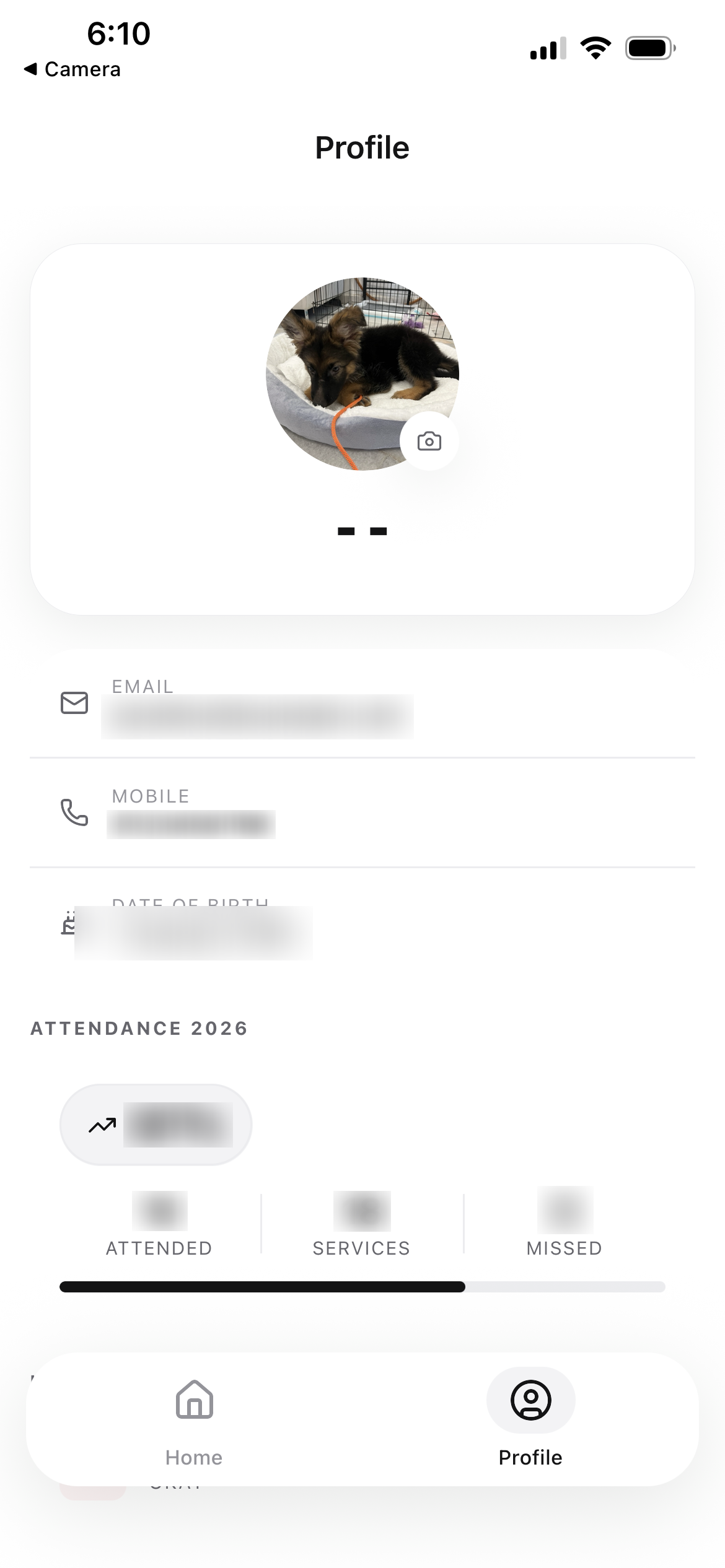 Member profile with contact details and yearly attendance statistics
