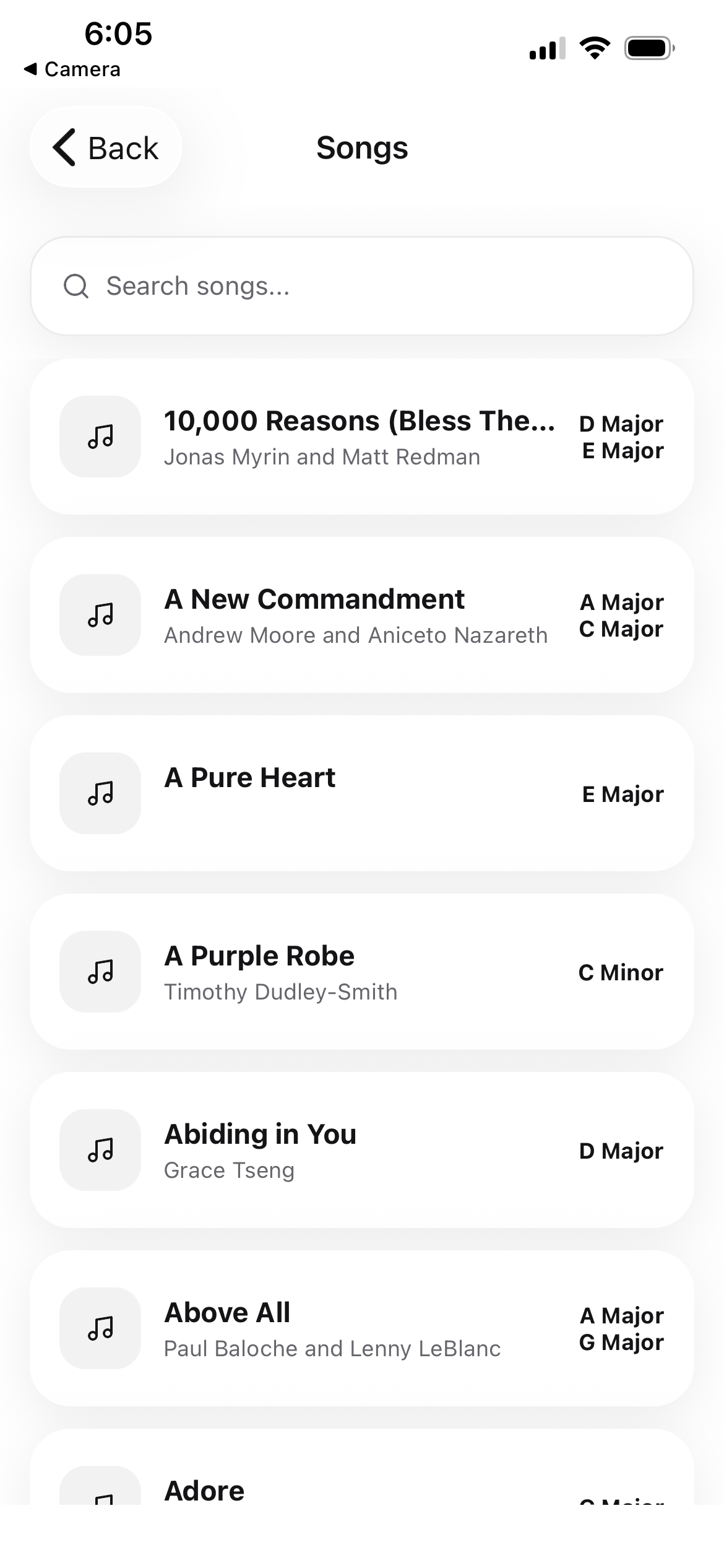 Songs library with searchable worship songs and musical keys