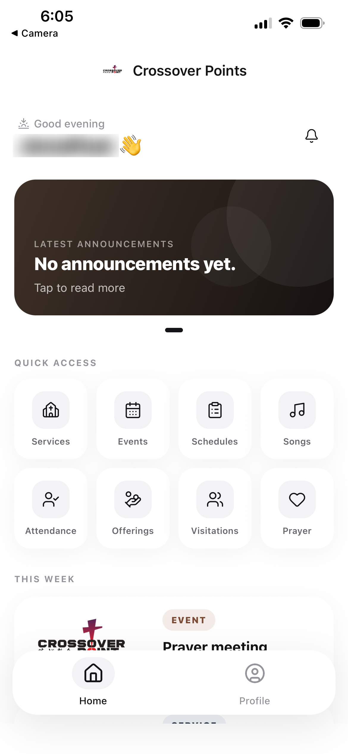 Home screen with personal greeting, latest announcements, and quick access to services, events, schedules, songs, attendance, offerings, visitations, and prayer