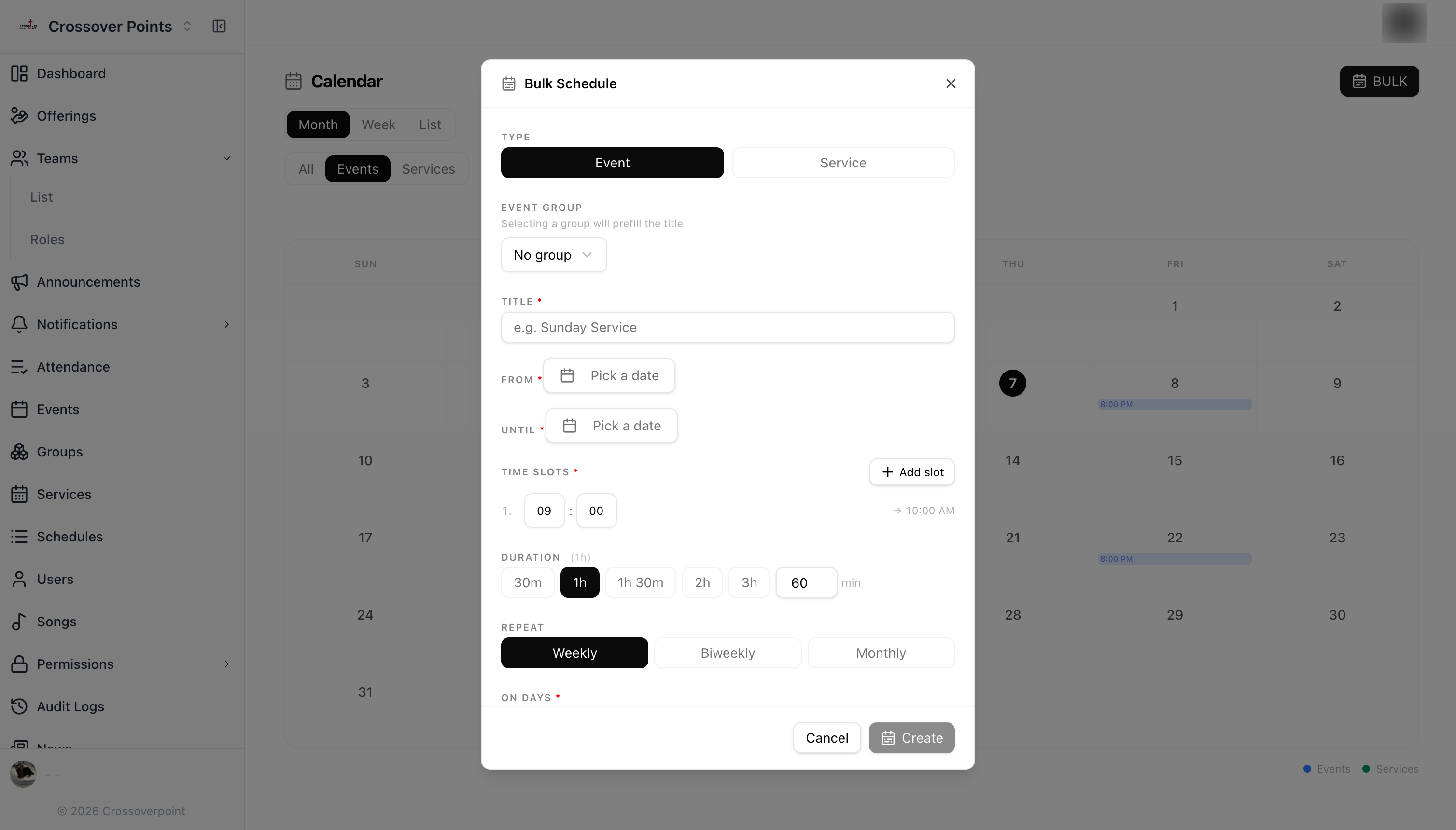 Bulk schedule creation form for recurring services