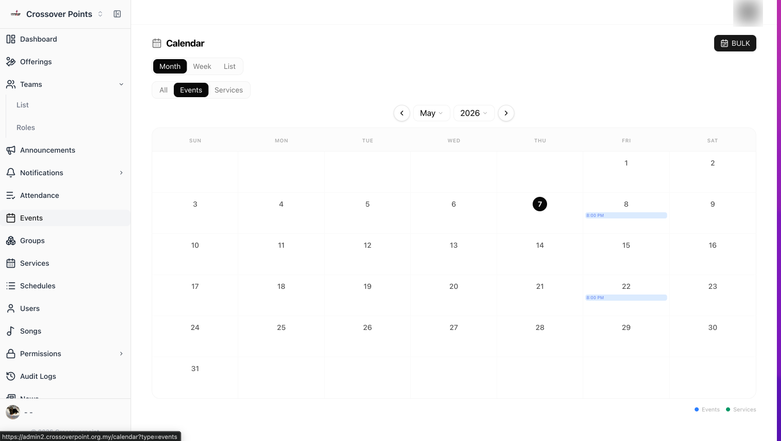 Calendar view of church services and events