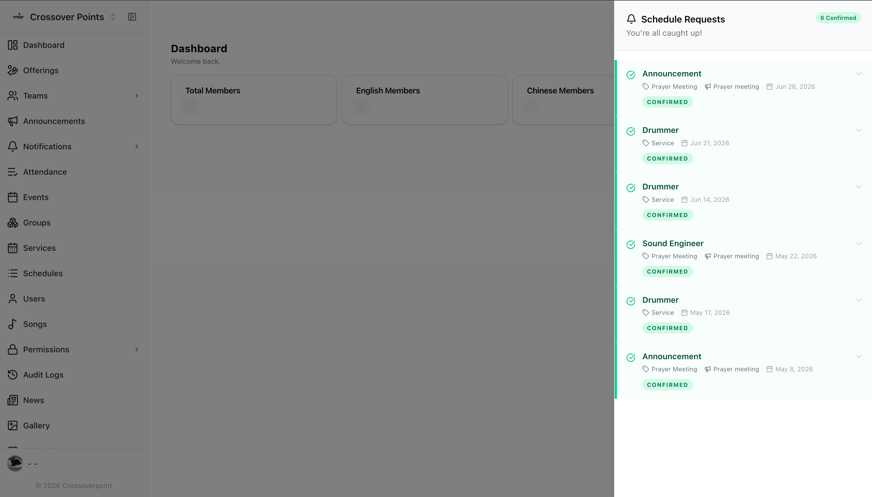 Admin dashboard shown after sign-in, with pending operational requests