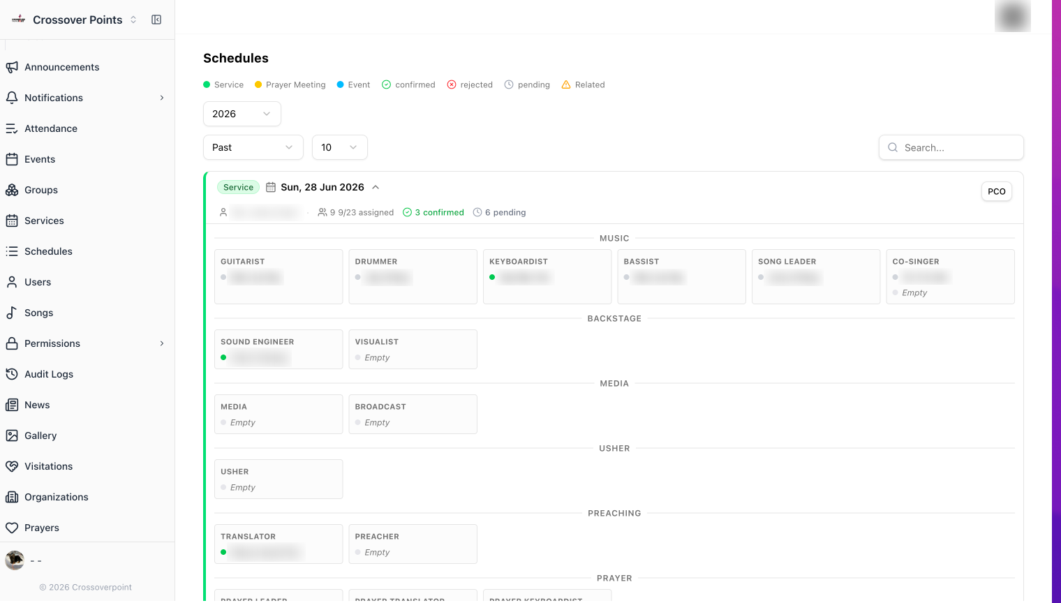 Service schedule management list
