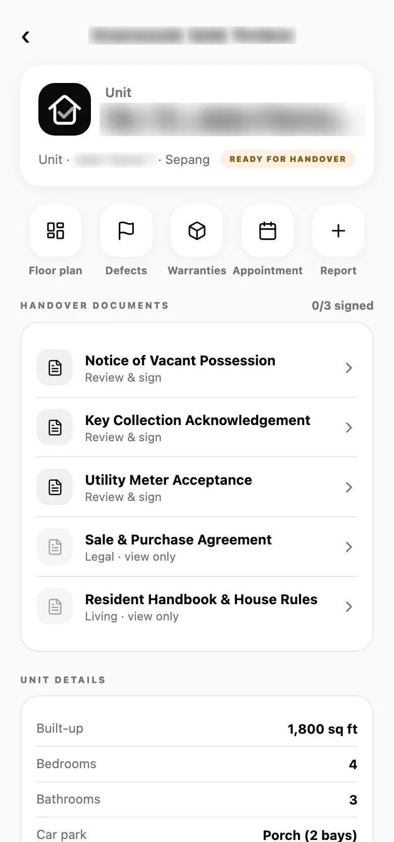 Rumah Ready App: Unit overview handover documents