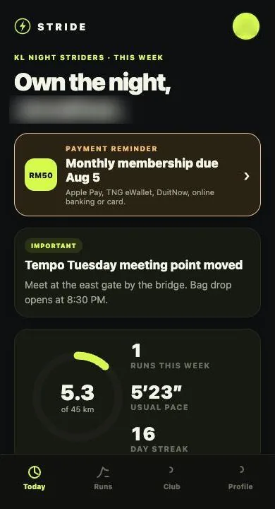 Stride App: Today dashboard