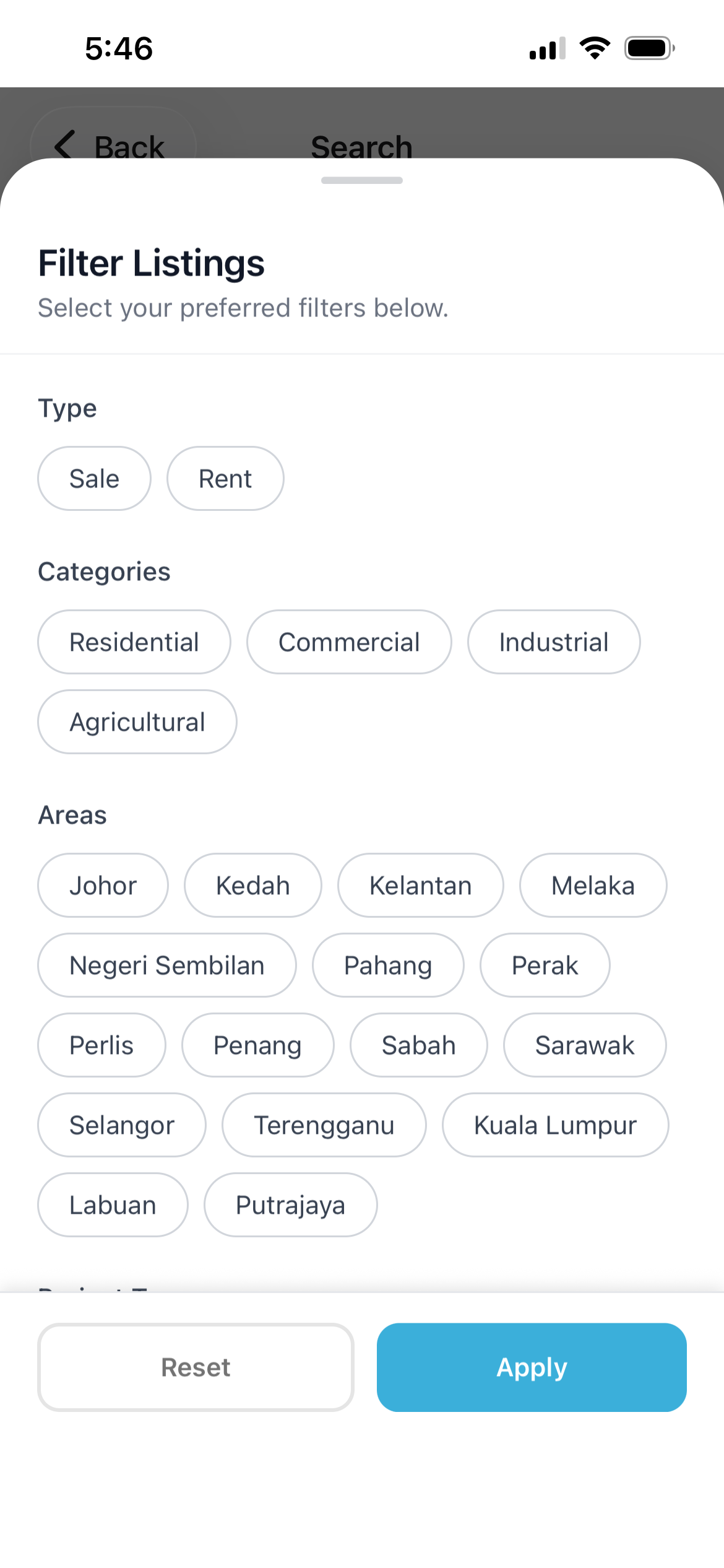 Filter sheet — sale/rent, category, and every Malaysian state
