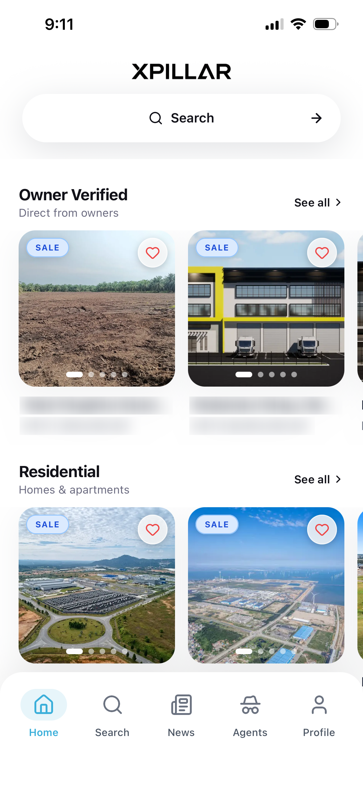 Home screen with Owner Verified and Residential property rails