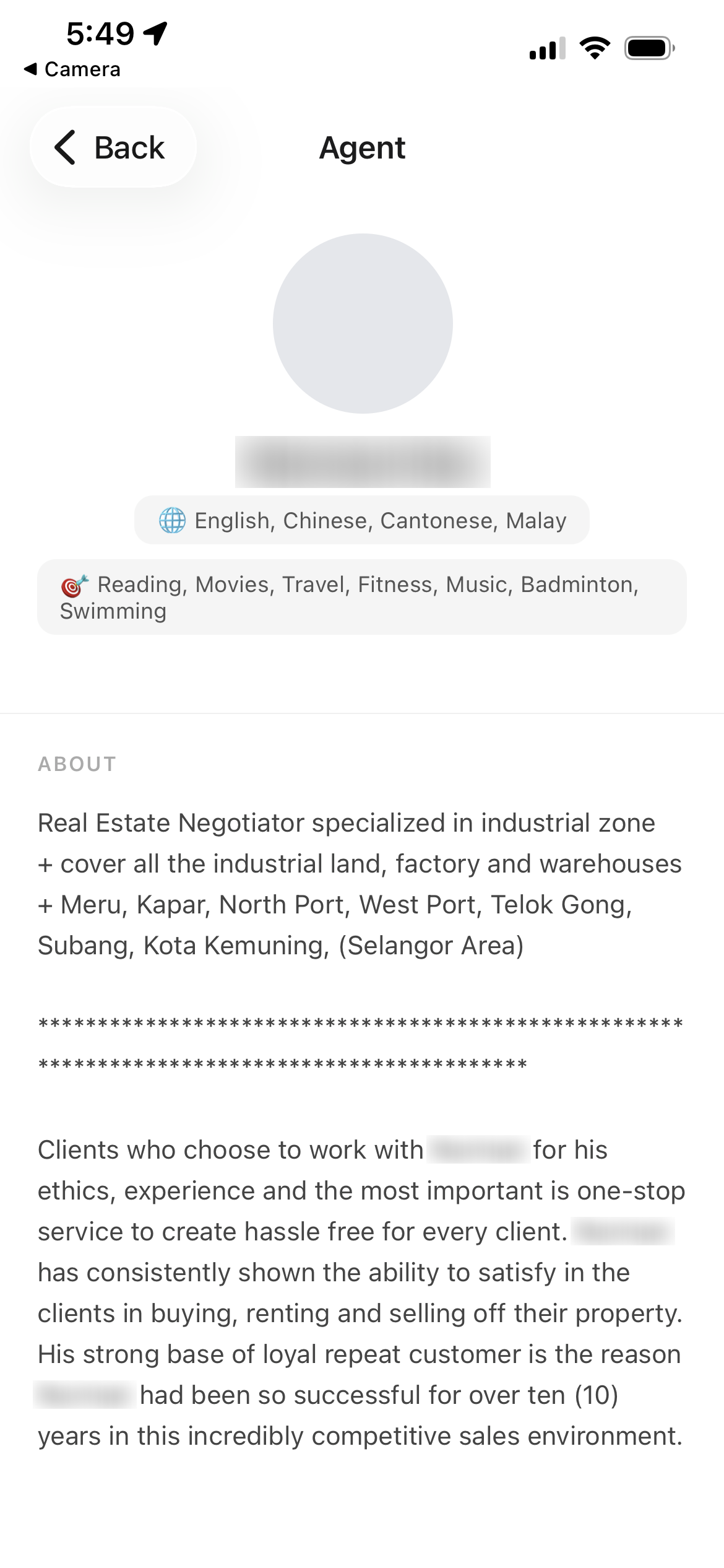 Agent profile with specialisation area and background