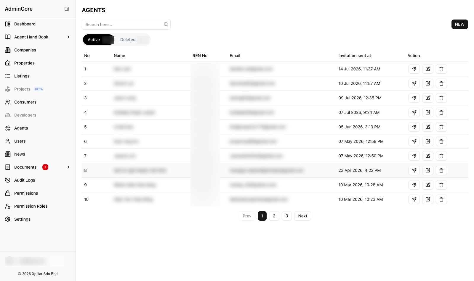 Agent register with REN numbers and invitation tracking (personal data censored)