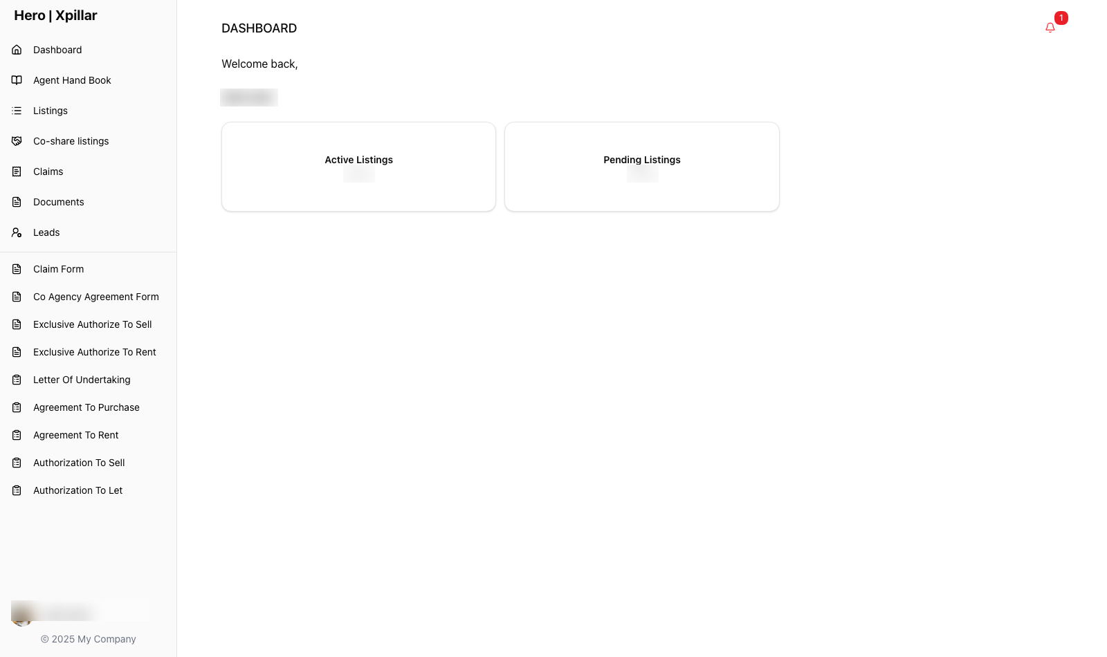 Agent dashboard with active and pending listing counts