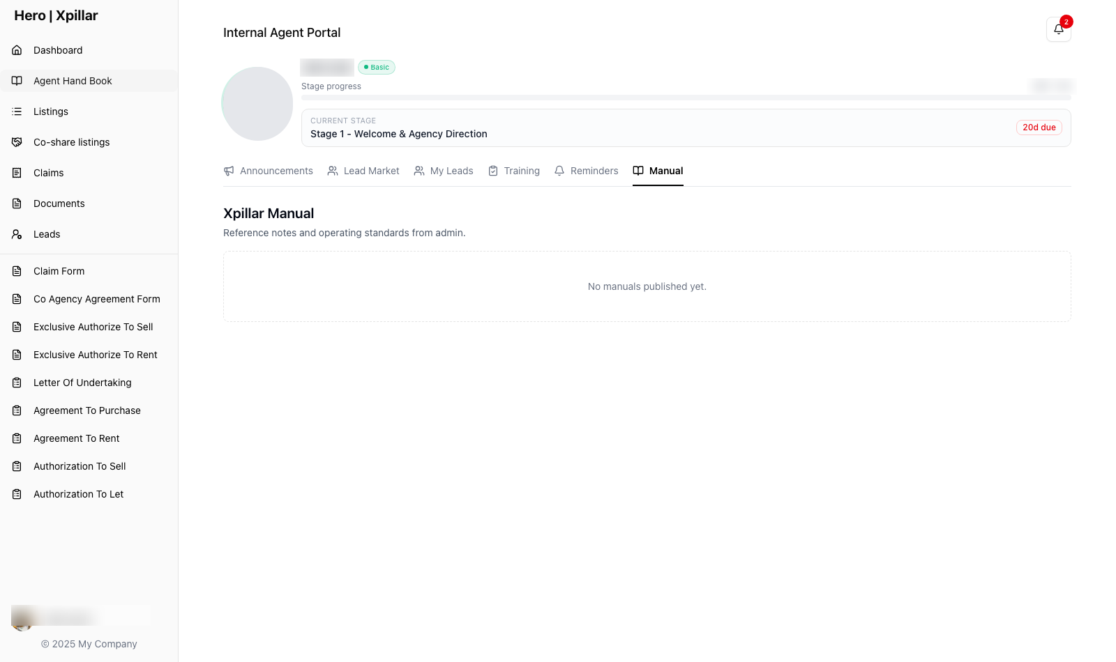 Agent Hand Book — staged onboarding with progress, announcements, lead market, training, and manuals