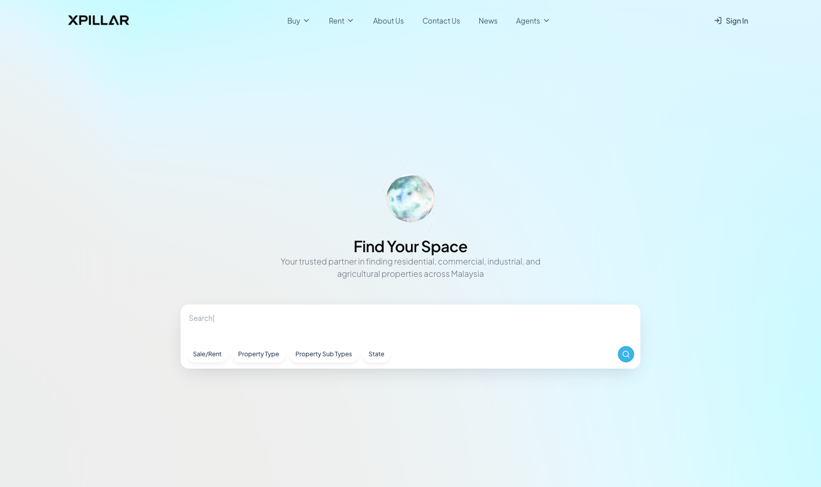 Xpillar client site — “Find Your Space” search across residential, commercial, industrial, and agricultural property