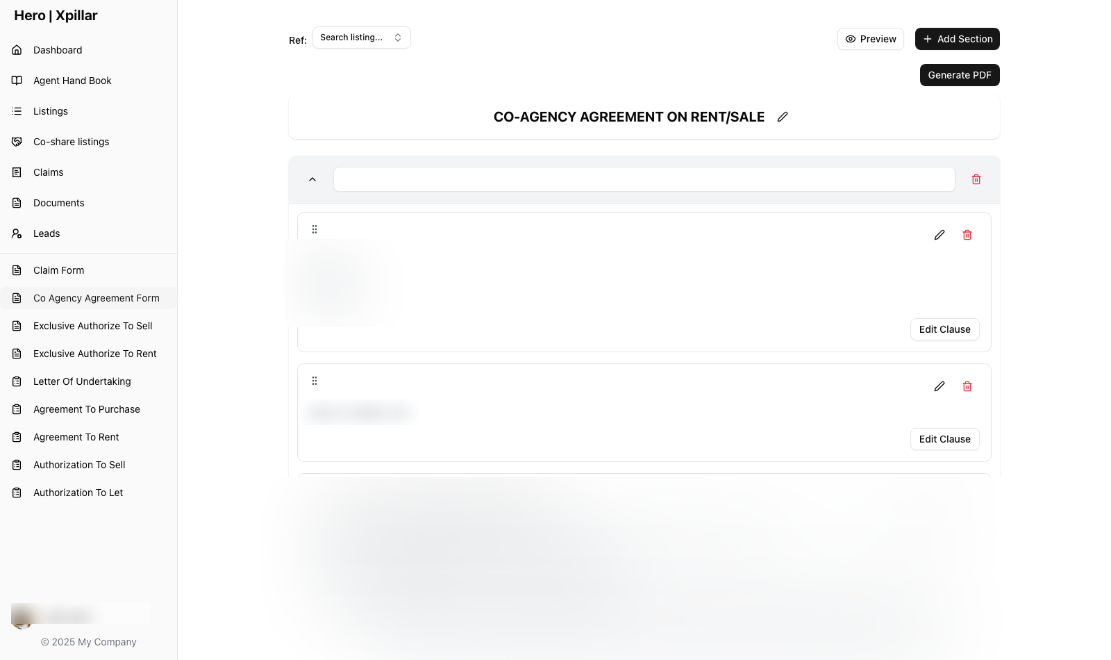 Clause-level co-agency agreement editor with PDF generation