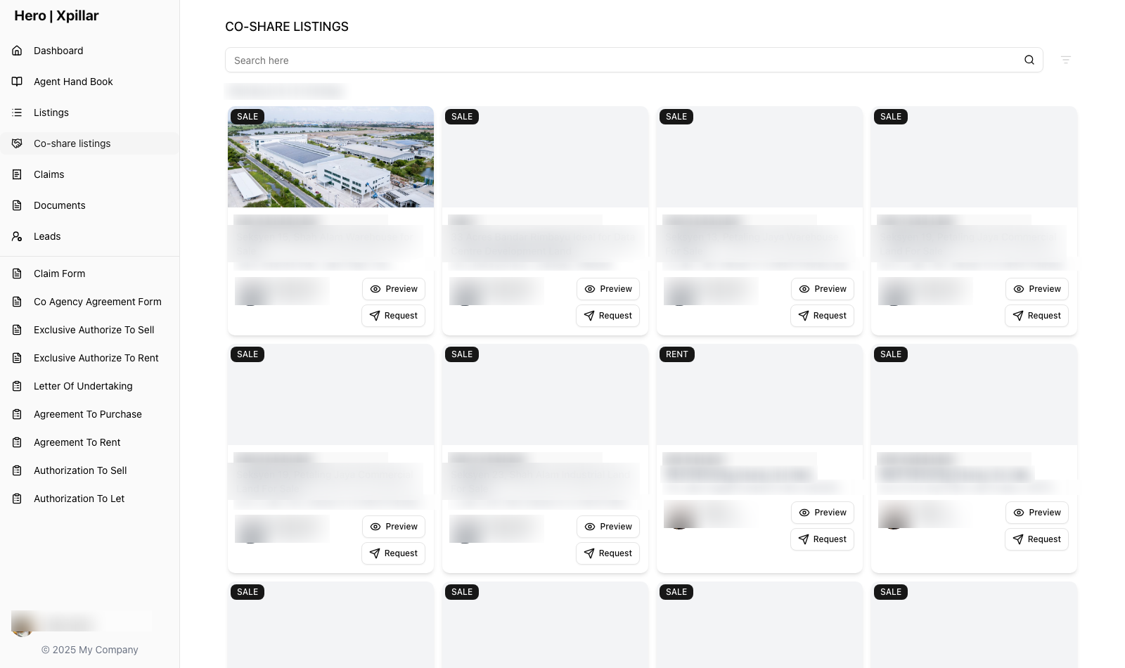 Co-share pool — shared listings with preview and co-broke request actions