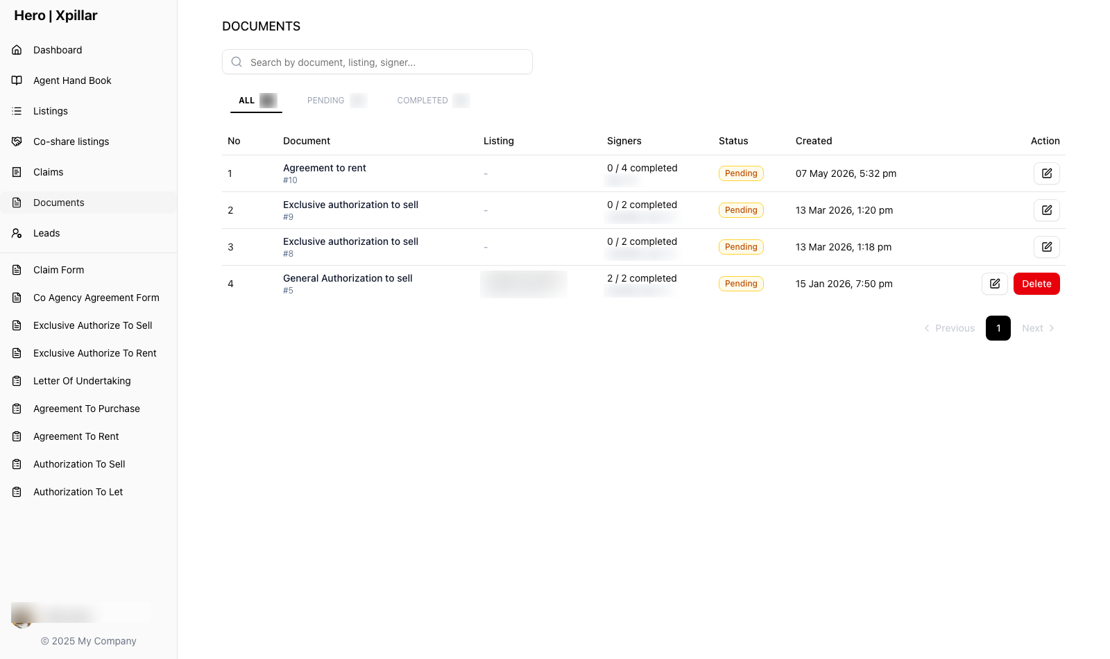 Document register tracking each instrument and its signers