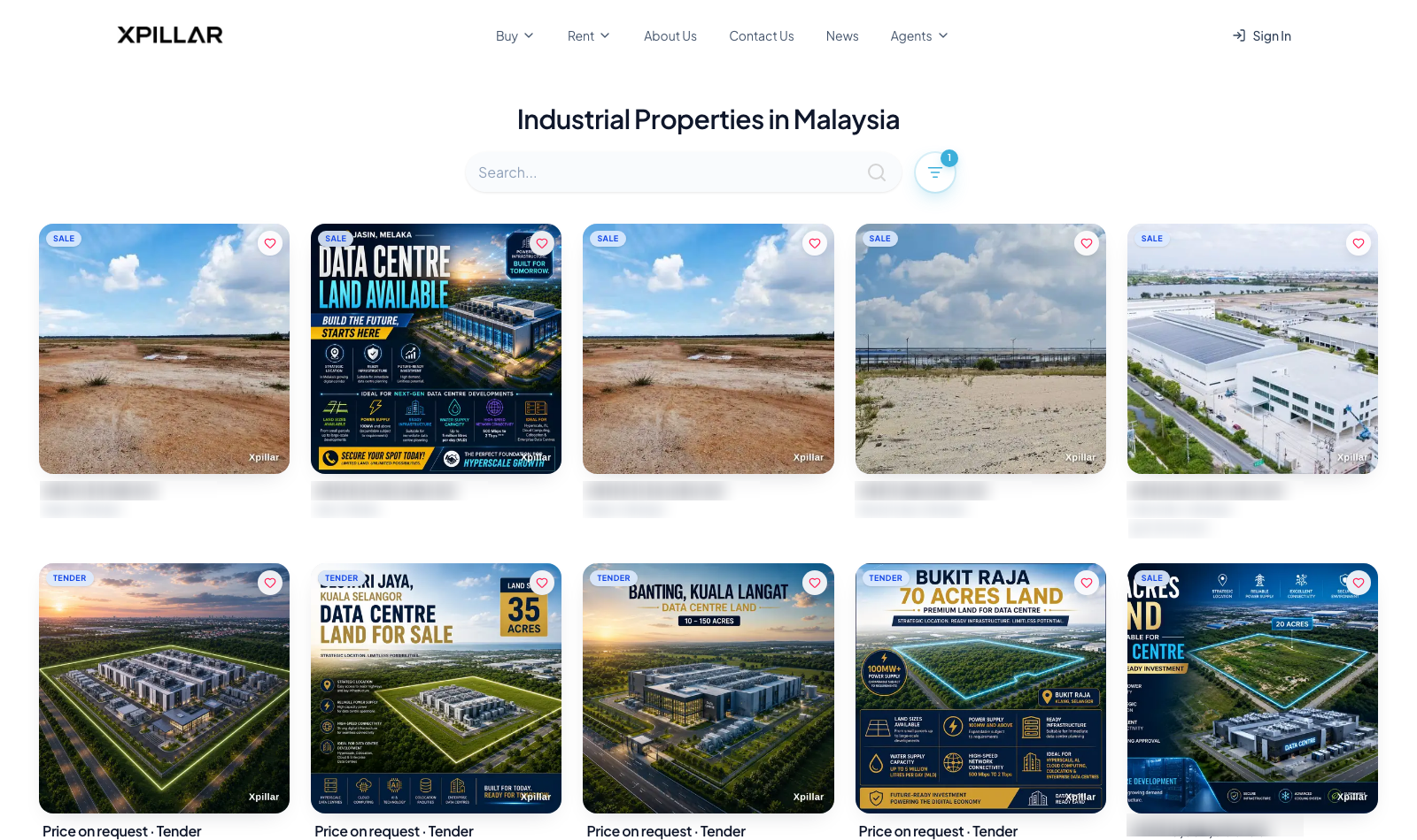 Industrial property search results with sale and tender listings across Malaysia