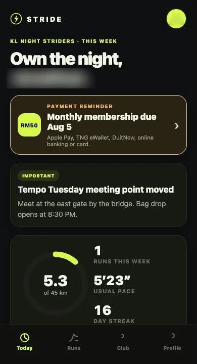 Stride running app today screen