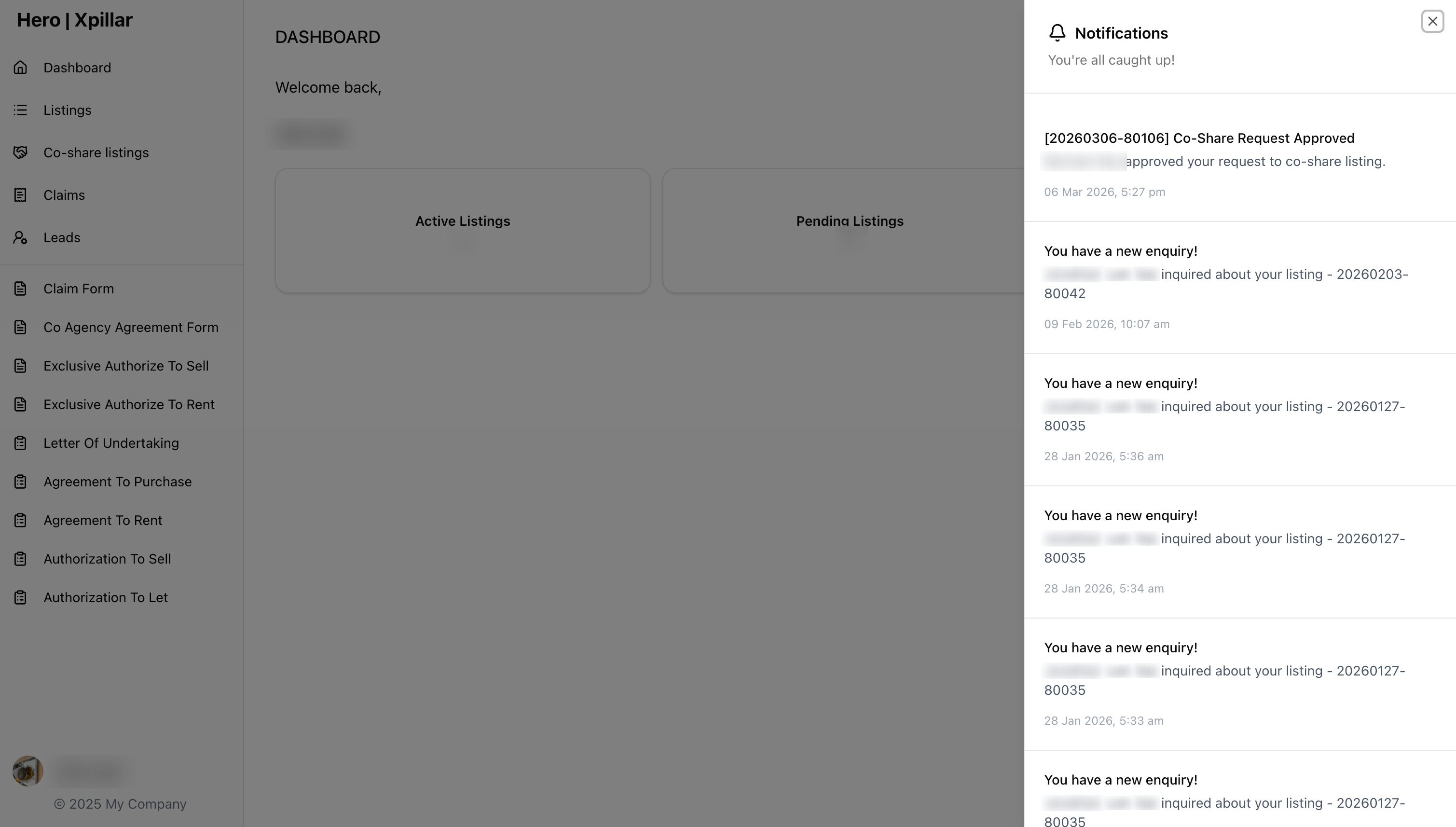 Xpillar Hero Agent Portal: dashboard notifications