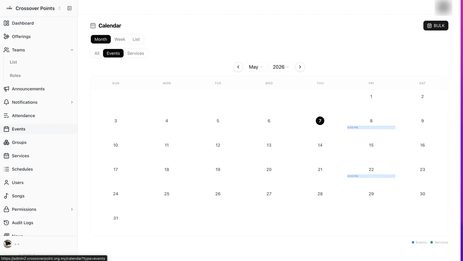 Calendar view of church services and events