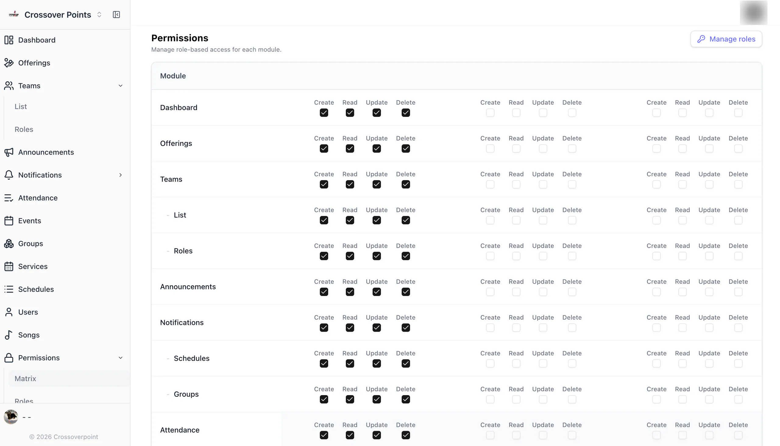 Permission matrix controlling role capabilities