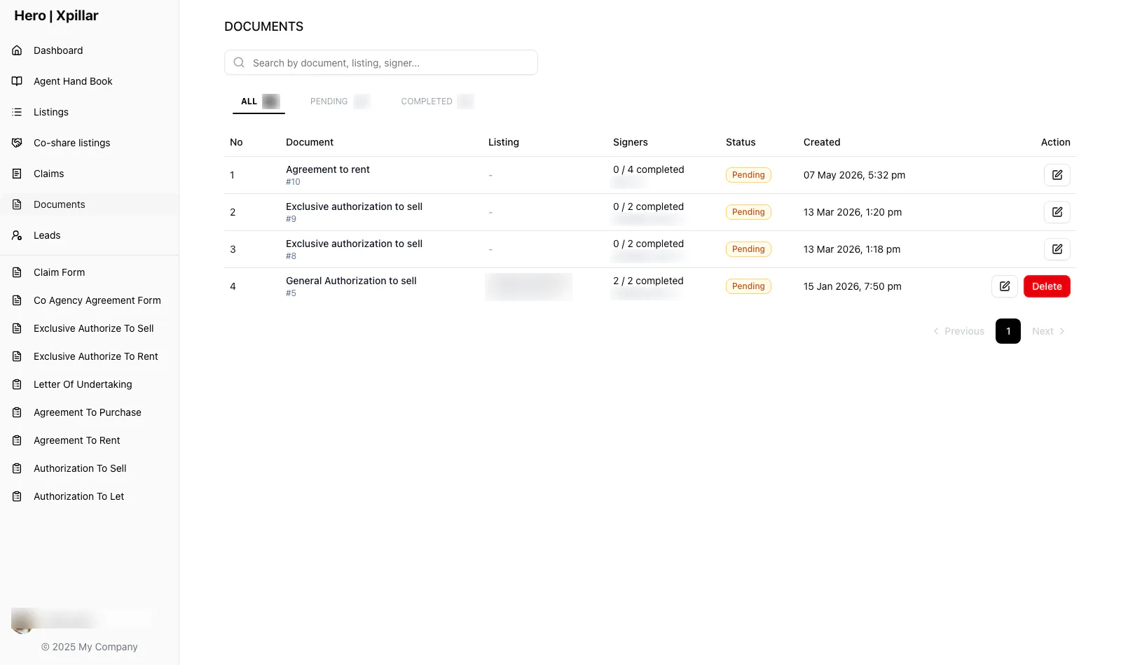 Document register tracking each instrument and its signers